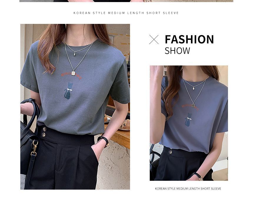 T-Shirt Crew Short-Sleeve Cat Print Neck