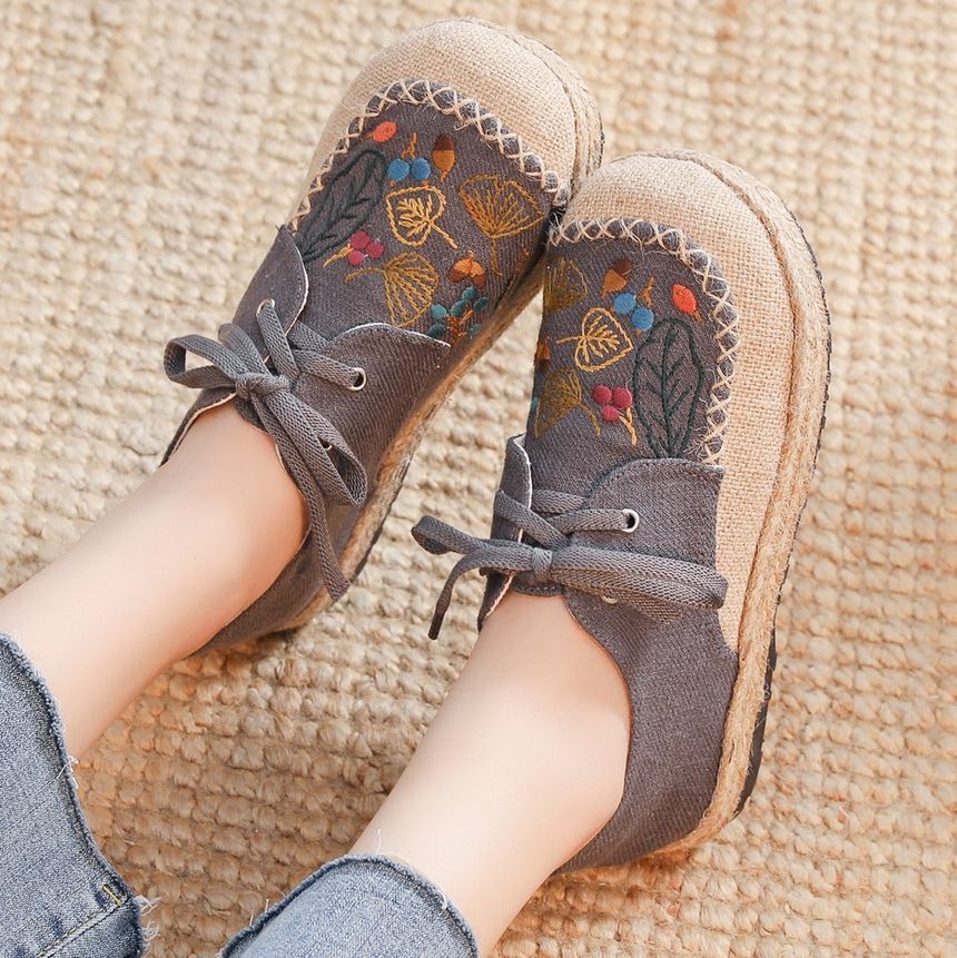 Lace-Up Leaf Embroidered Slip-Ons