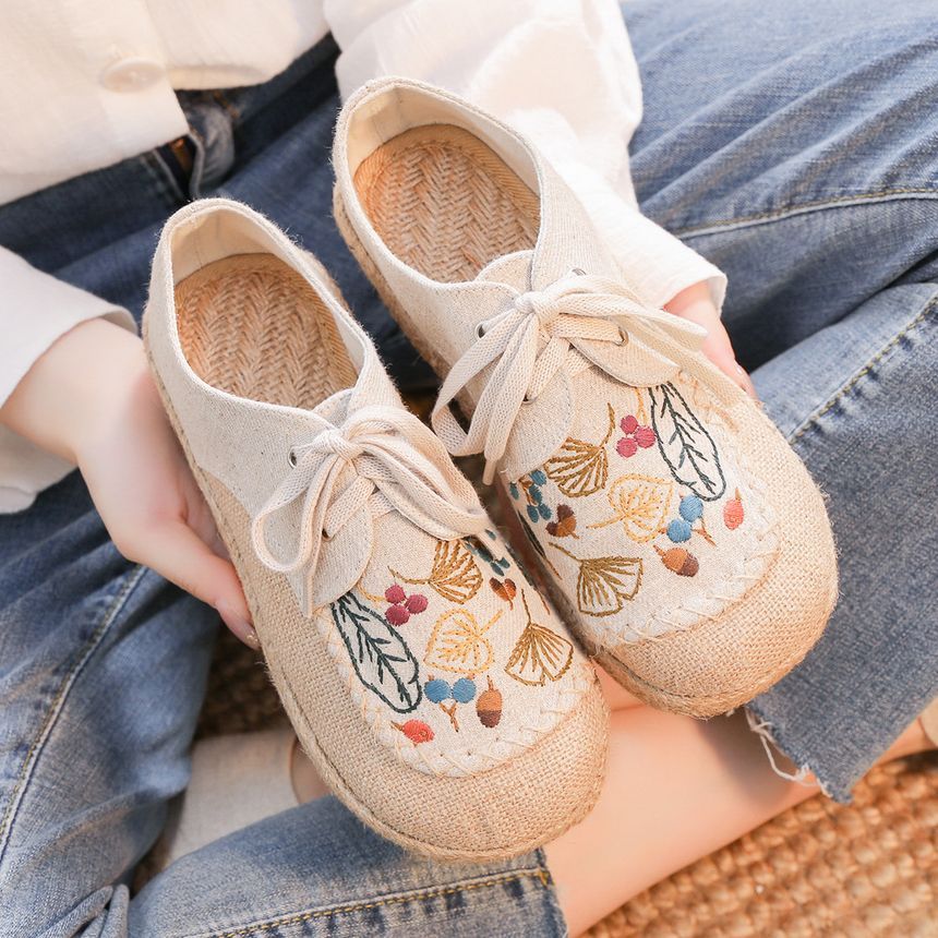 Lace-Up Leaf Embroidered Slip-Ons