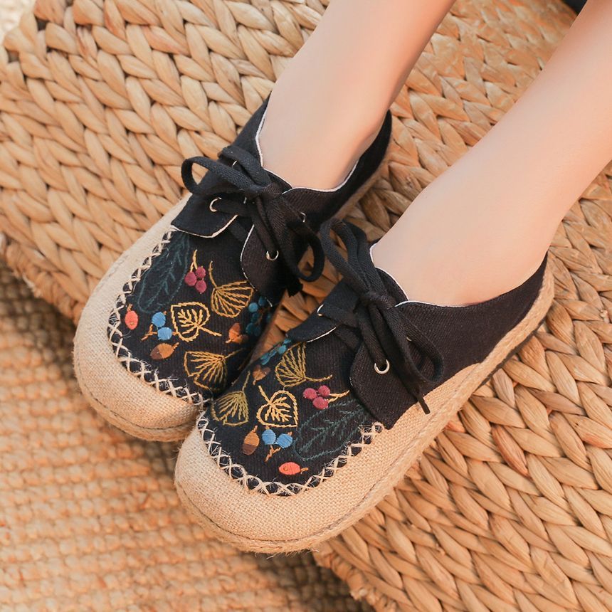 Lace-Up Leaf Embroidered Slip-Ons