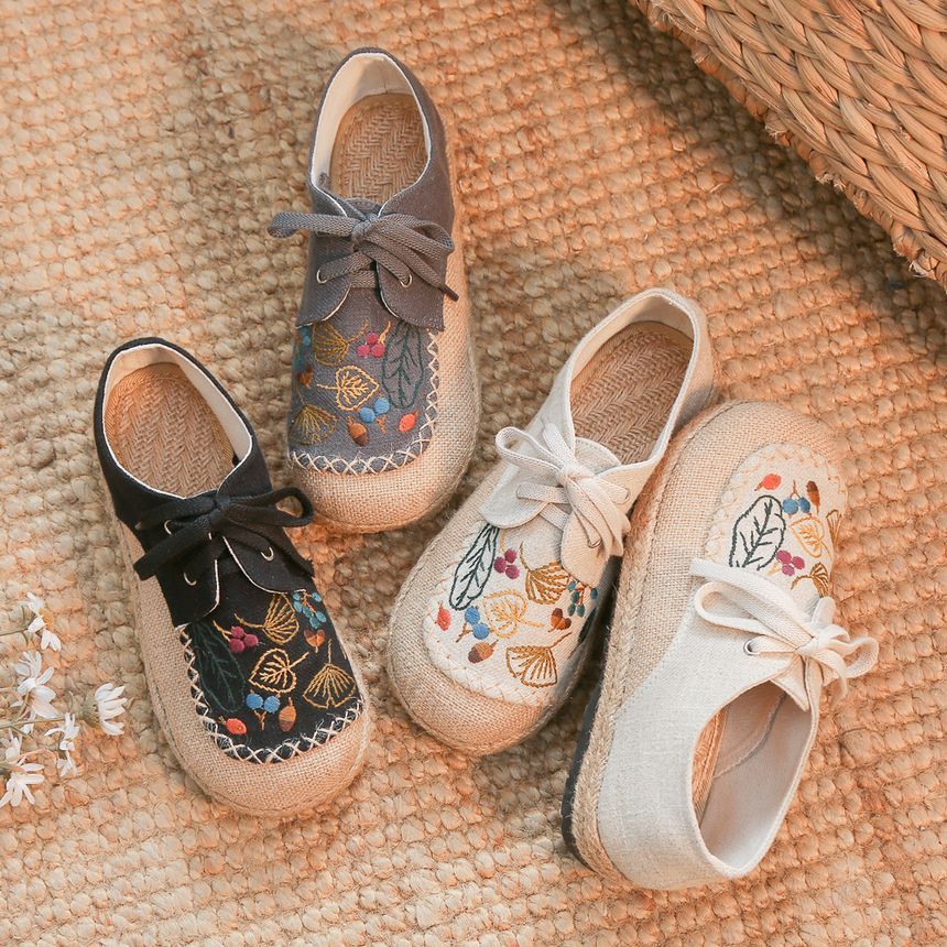 Lace-Up Leaf Embroidered Slip-Ons