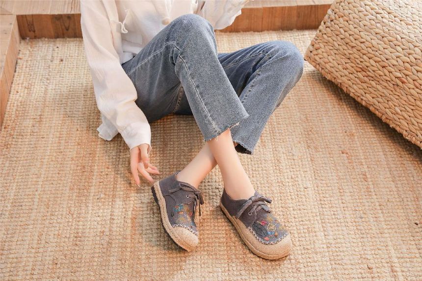 Lace-Up Leaf Embroidered Slip-Ons