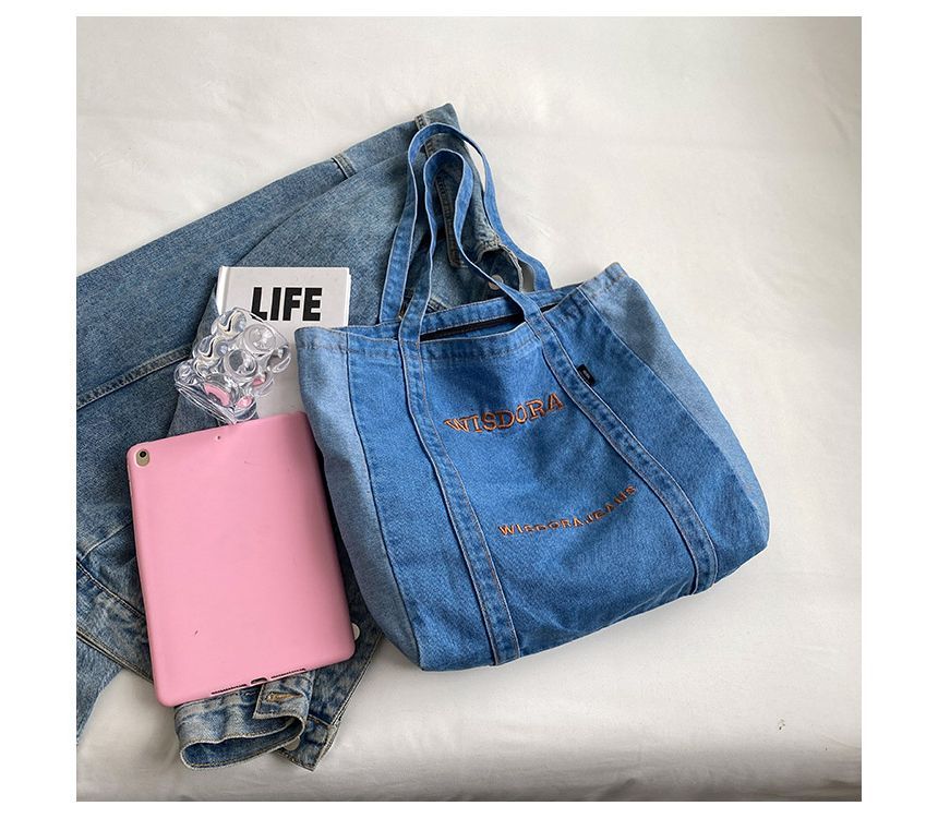 Washed Letter Embroidered Denim Tote Bag