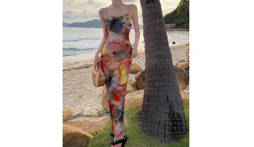 Spaghetti Strap Tie-Dyed Midi Mermaid Dress