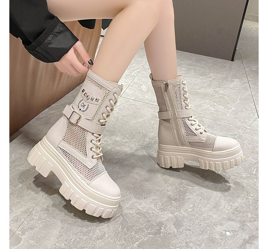 Lace-Up Studded Short Panel Mesh Platform Boots