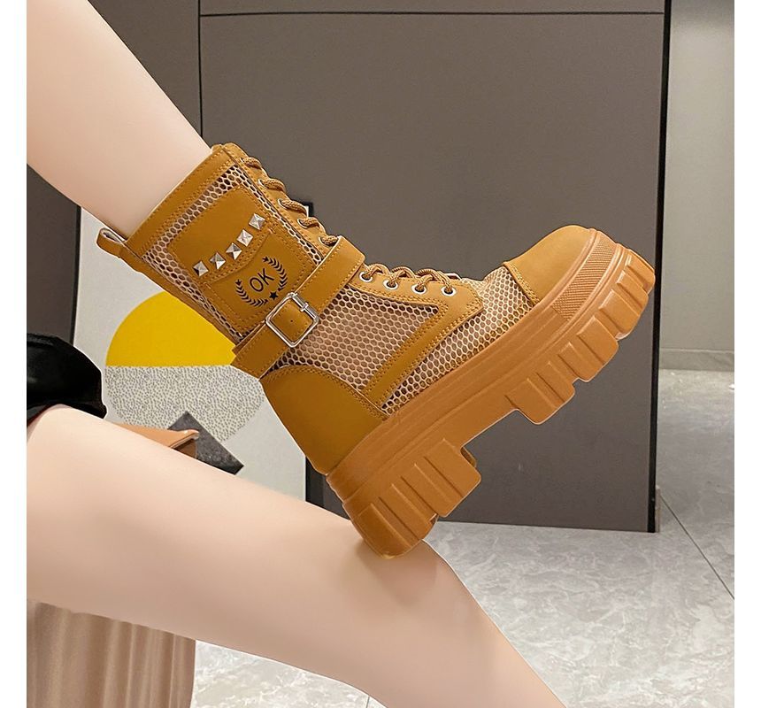 Lace-Up Studded Short Panel Mesh Platform Boots