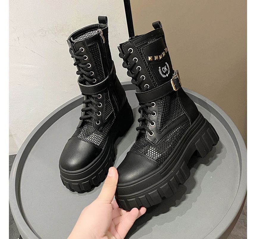 Lace-Up Studded Short Panel Mesh Platform Boots