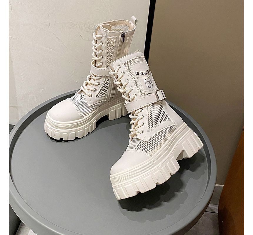 Lace-Up Studded Short Panel Mesh Platform Boots