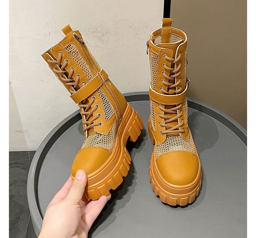 Lace-Up Studded Short Panel Mesh Platform Boots