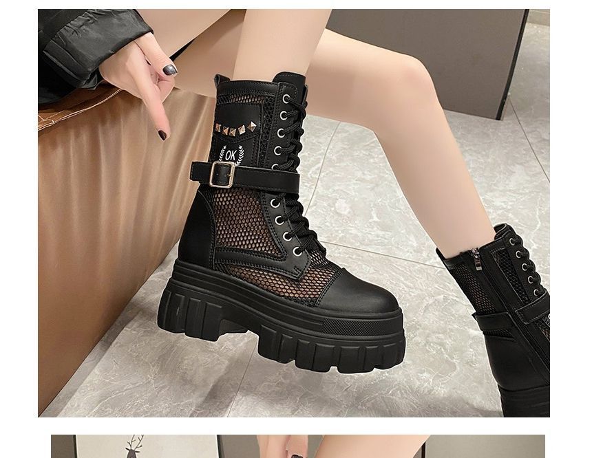 Lace-Up Studded Short Panel Mesh Platform Boots