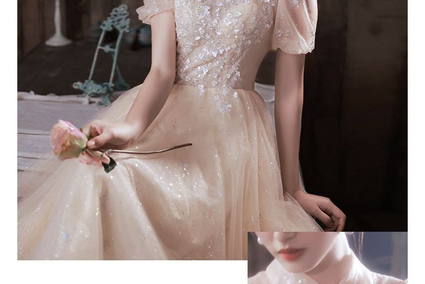 Short-Sleeve Mesh A-Line Evening Gown / Midi Evening Dress