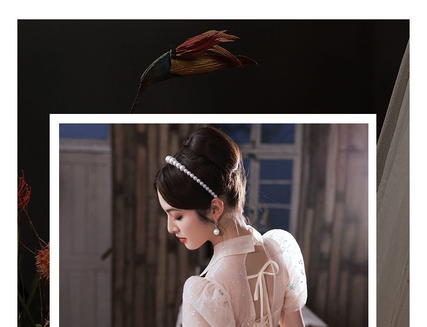 Short-Sleeve Mesh A-Line Evening Gown / Midi Evening Dress