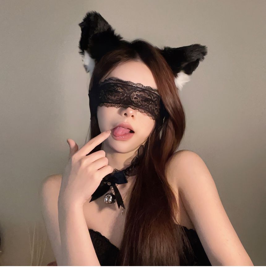 Cat Ear Chenille Headband / Lace Eye Mask / Set