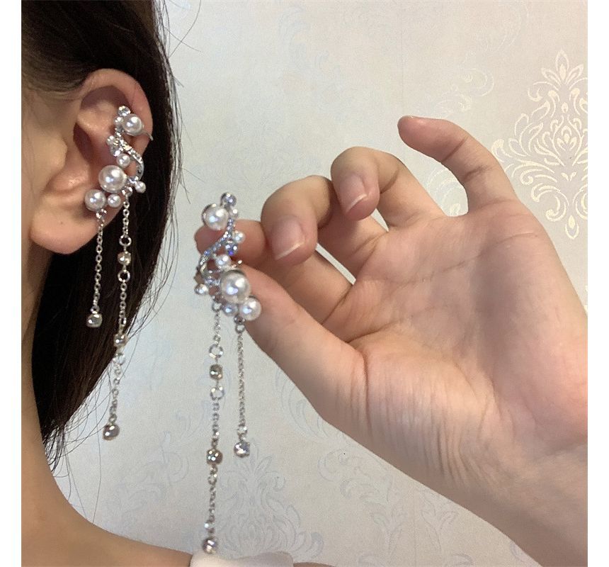 Faux Pearl Cuff Ear Rhinestone Fringe