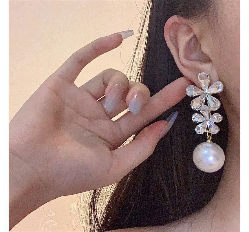 Faux Earring Flower Pearl Drop Rhinestone