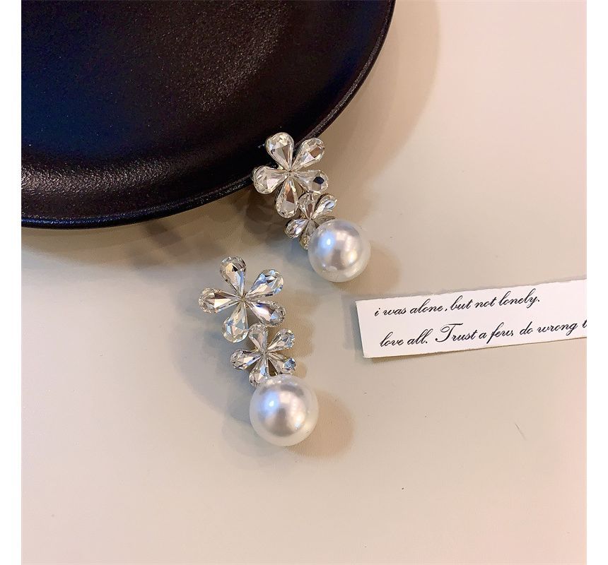 Faux Earring Flower Pearl Drop Rhinestone