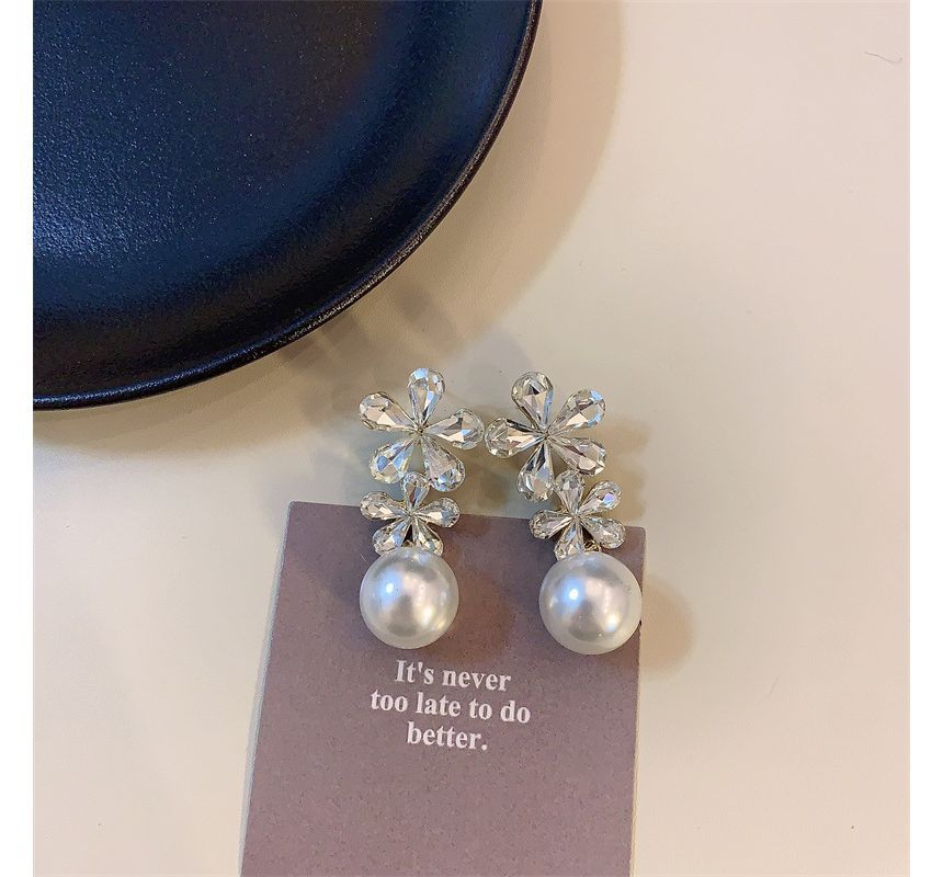 Faux Earring Flower Pearl Drop Rhinestone