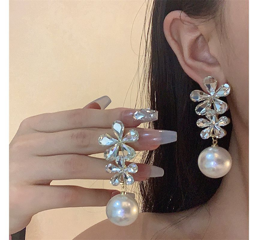 Faux Earring Flower Pearl Drop Rhinestone