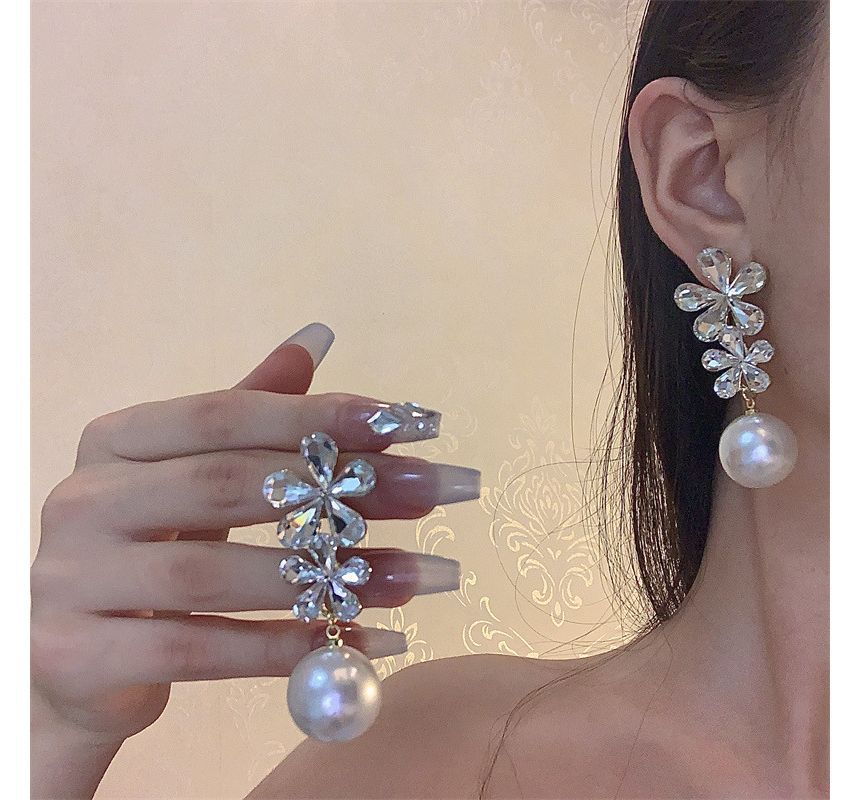 Faux Earring Flower Pearl Drop Rhinestone