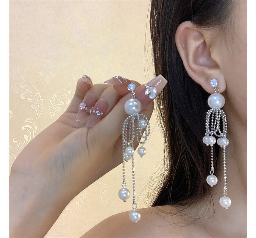 Faux Earring Pearl Drop Fringe