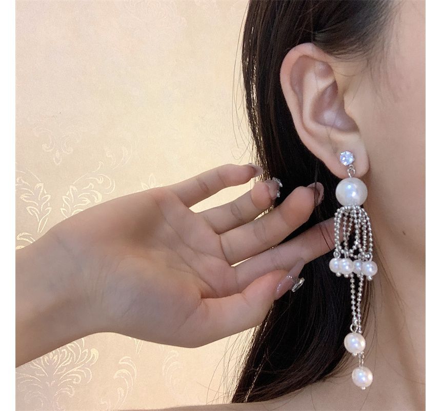 Faux Earring Pearl Drop Fringe
