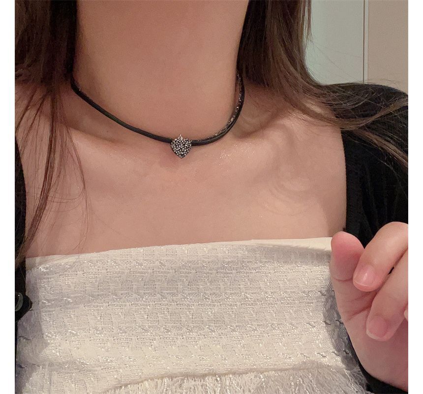 Heart Faux Rhinestone Cord Necklace Leather