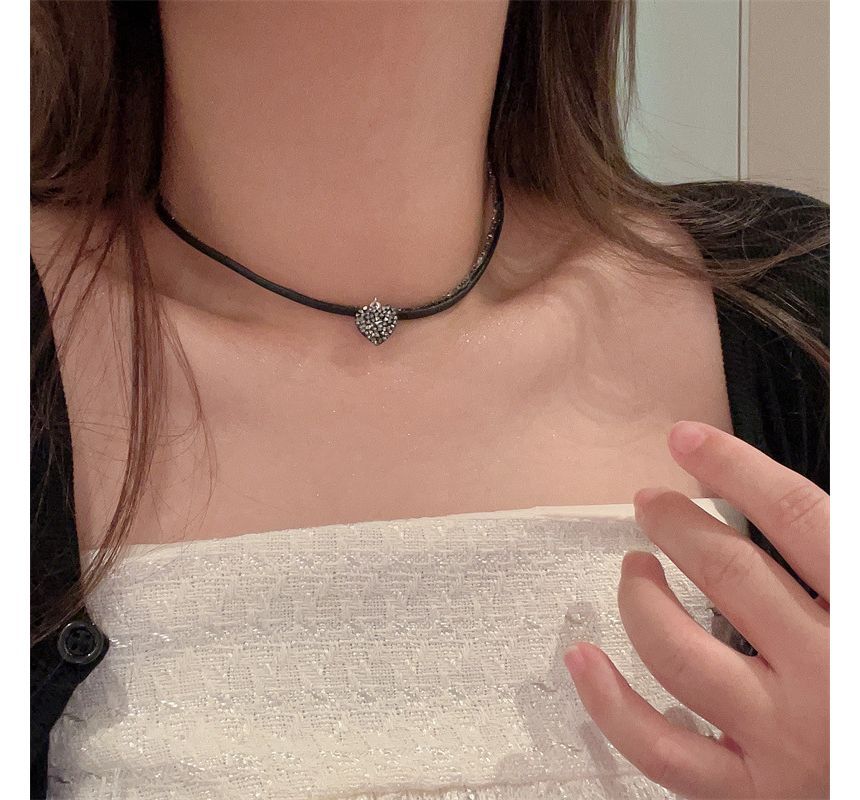 Heart Faux Rhinestone Cord Necklace Leather