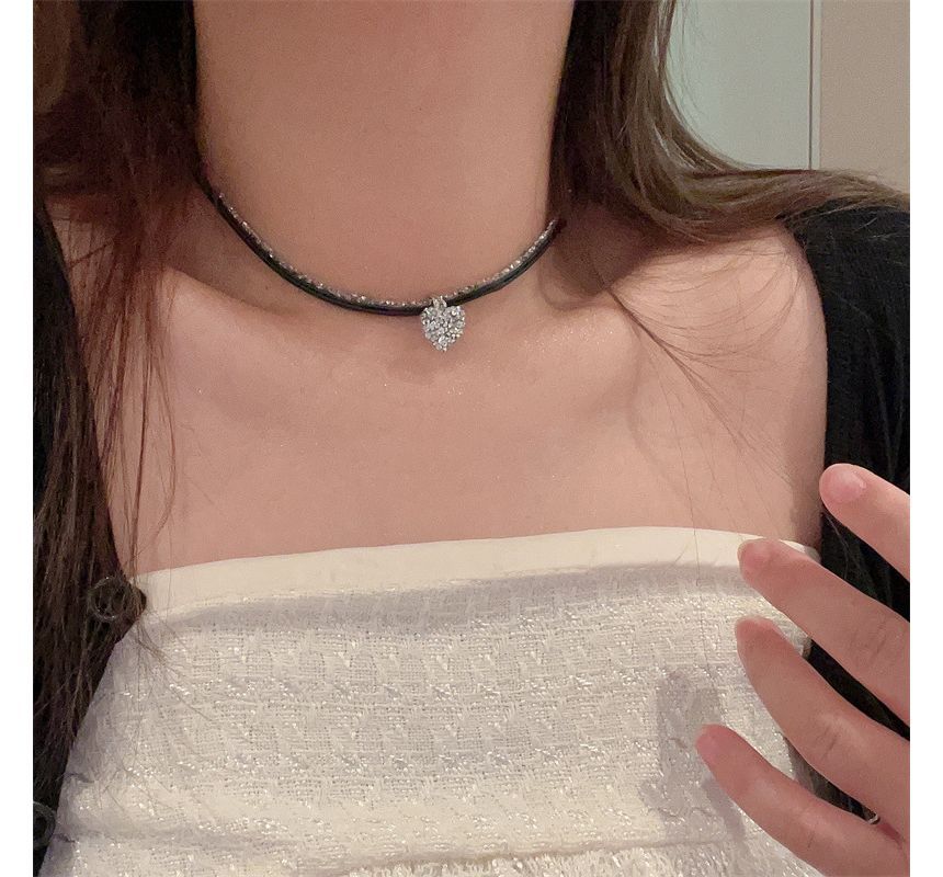 Heart Faux Rhinestone Cord Necklace Leather