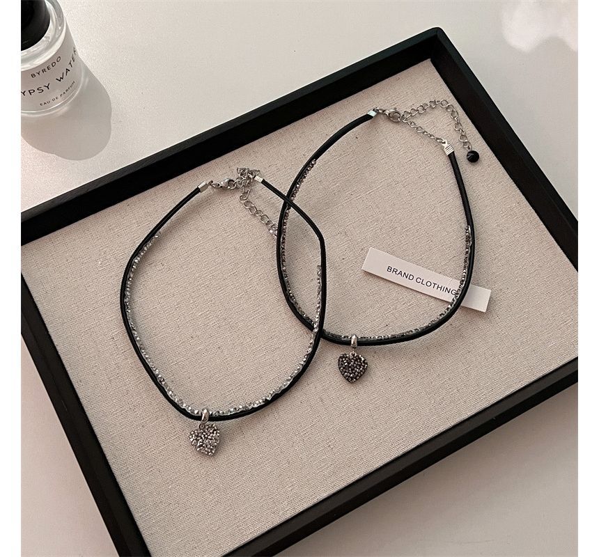 Heart Faux Rhinestone Cord Necklace Leather
