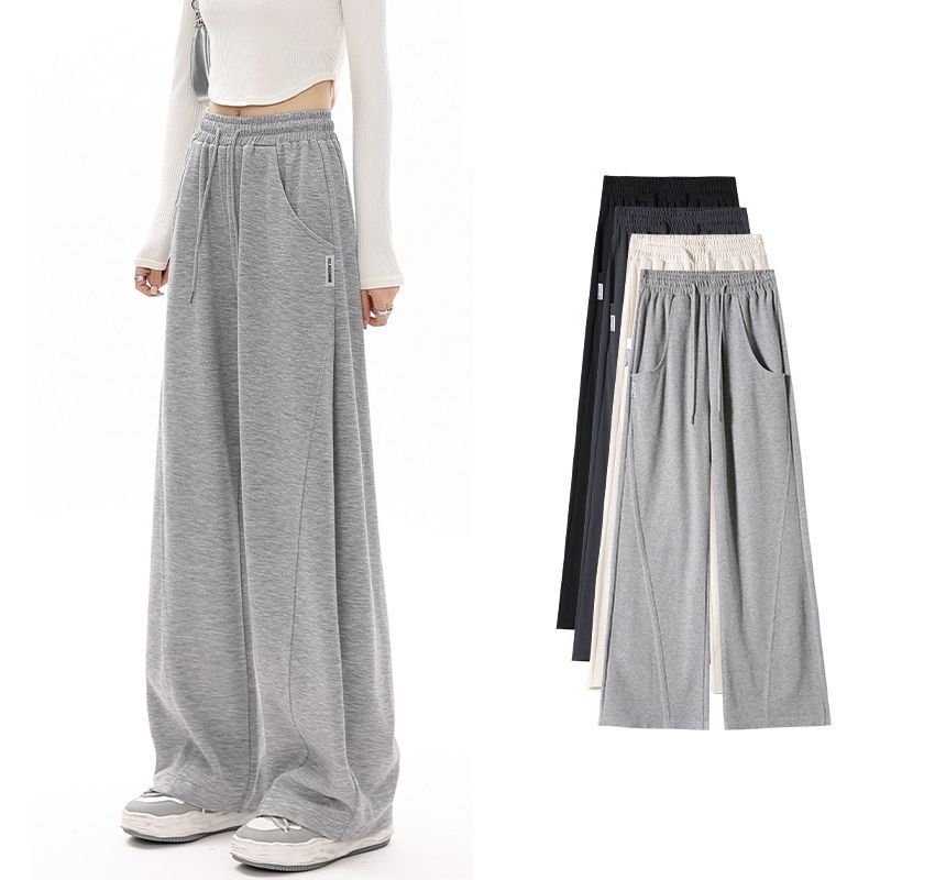 High Waist Plain Pocketed Drawstring Wide Leg Sweatpants