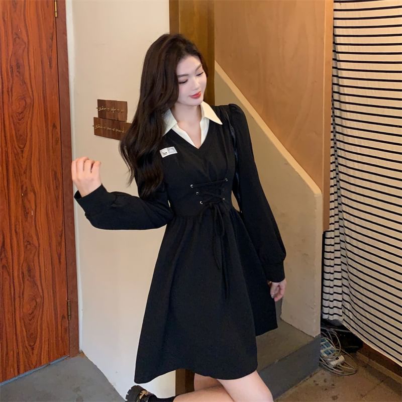 Dress A-Line Lace-Up Collar Mock Two-Piece Puff-Sleeve Mini Contrast