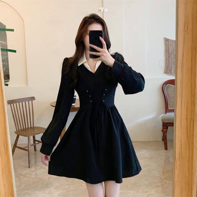 Dress A-Line Lace-Up Collar Mock Two-Piece Puff-Sleeve Mini Contrast