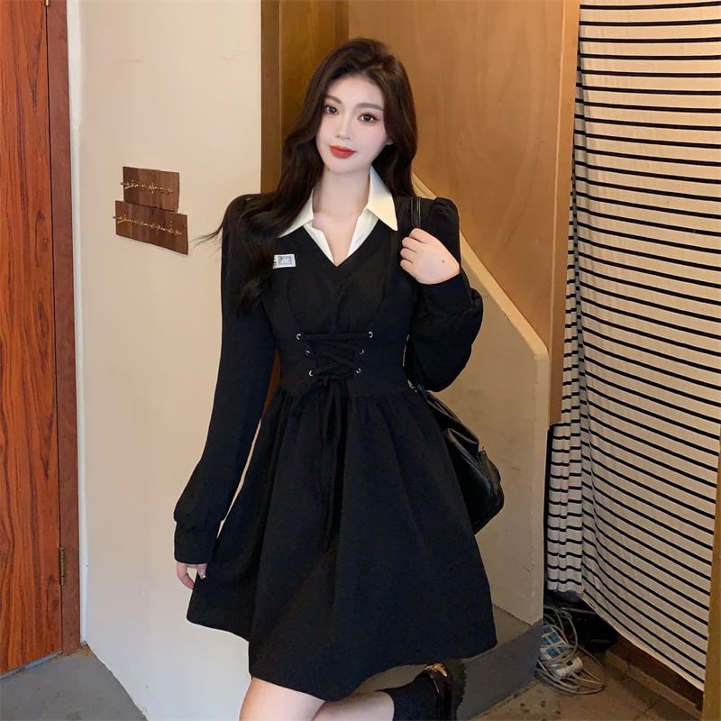 Dress A-Line Lace-Up Collar Mock Two-Piece Puff-Sleeve Mini Contrast