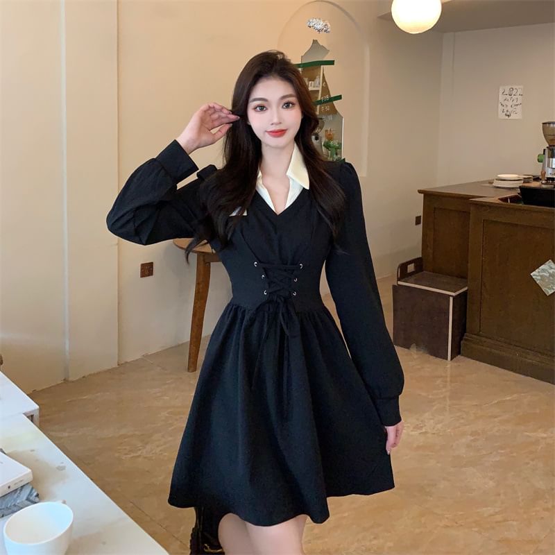 Dress A-Line Lace-Up Collar Mock Two-Piece Puff-Sleeve Mini Contrast