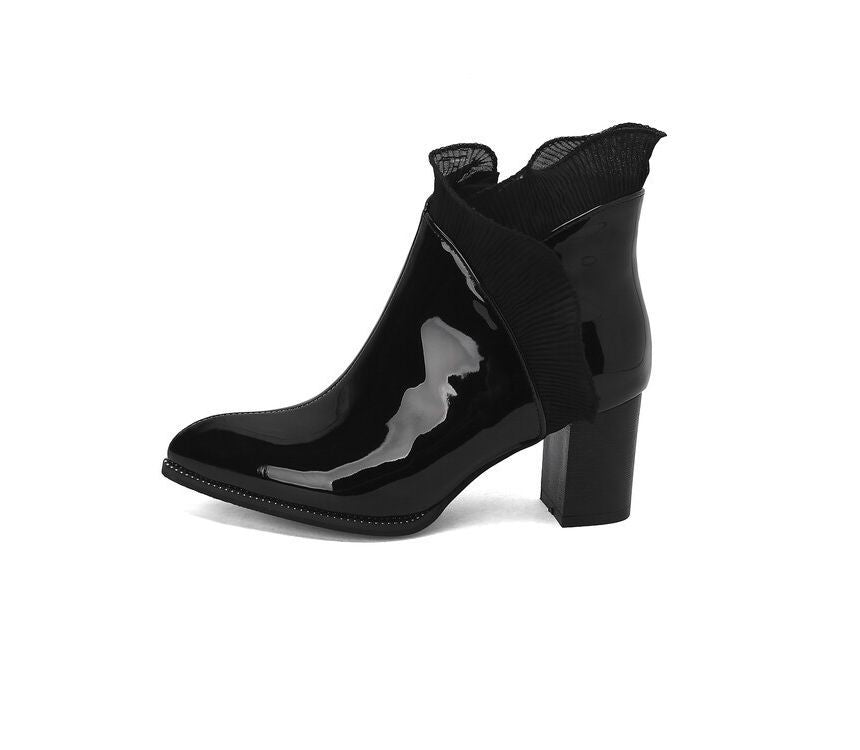 Ruffle Trim Chunky Heel Ankle Boots