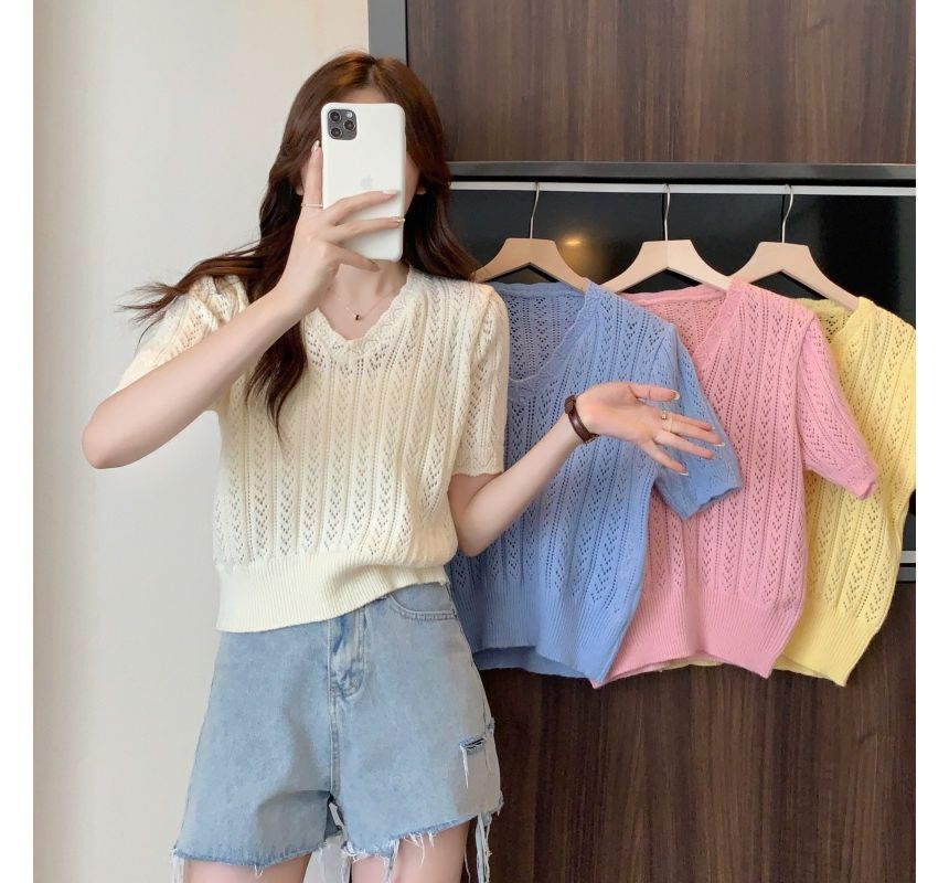 Crochet V-Neck Top Knit Short-Sleeve