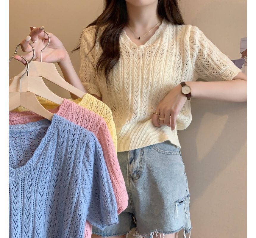 Crochet V-Neck Top Knit Short-Sleeve
