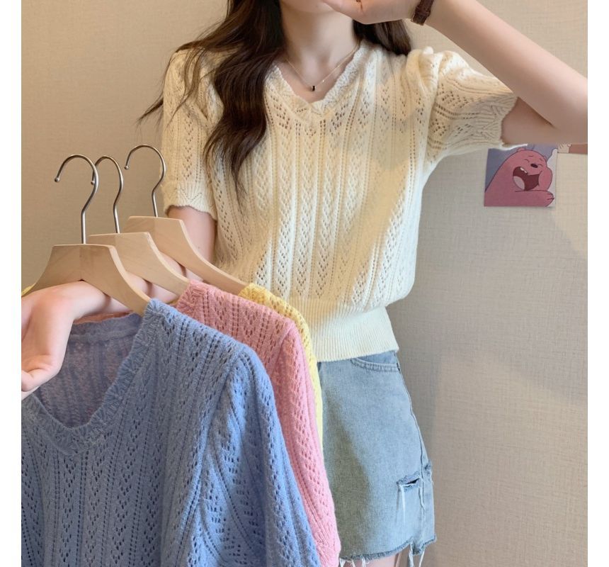 Crochet V-Neck Top Knit Short-Sleeve