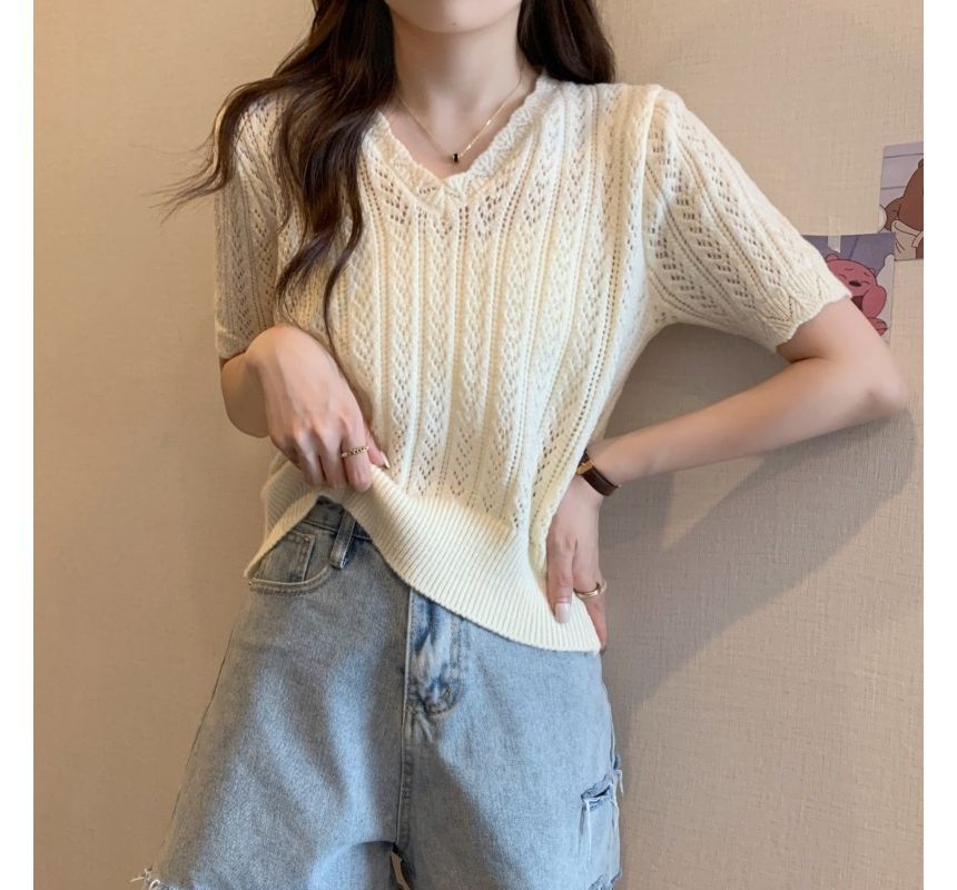 Crochet V-Neck Top Knit Short-Sleeve