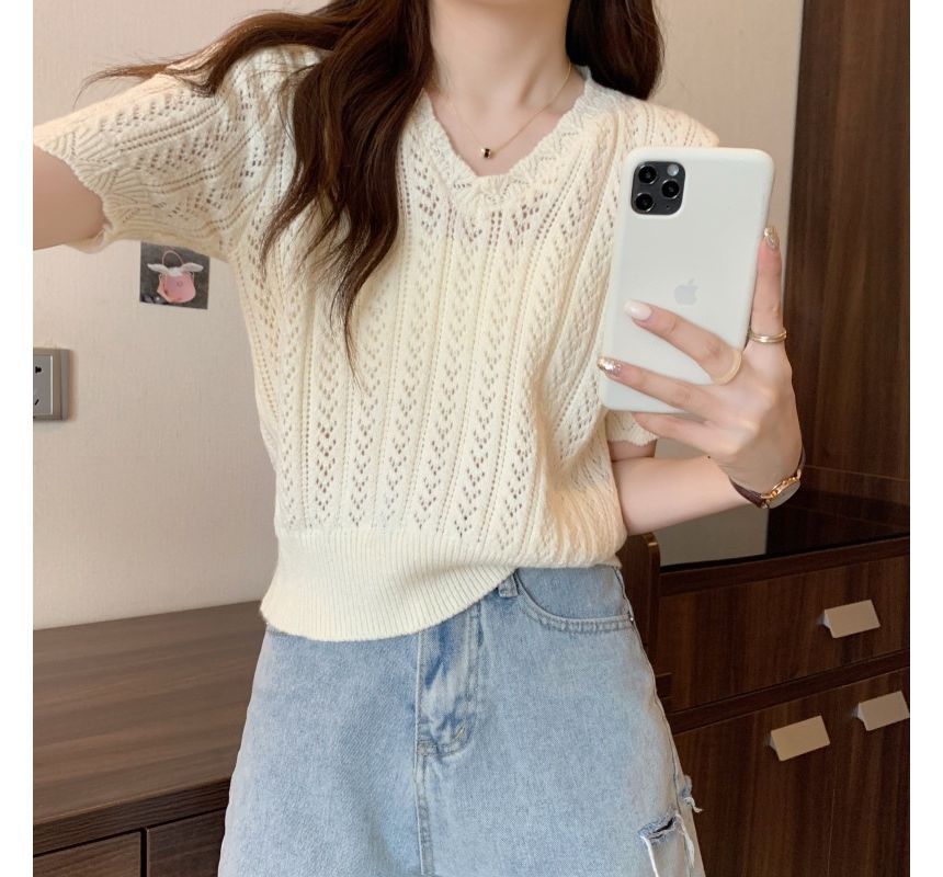 Crochet V-Neck Top Knit Short-Sleeve