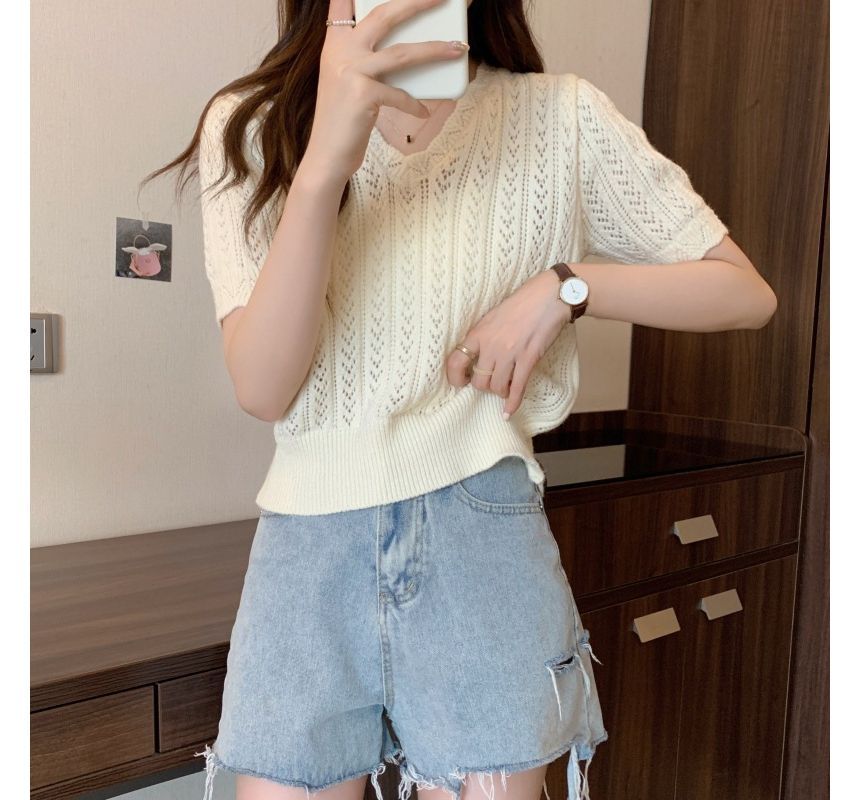 Crochet V-Neck Top Knit Short-Sleeve