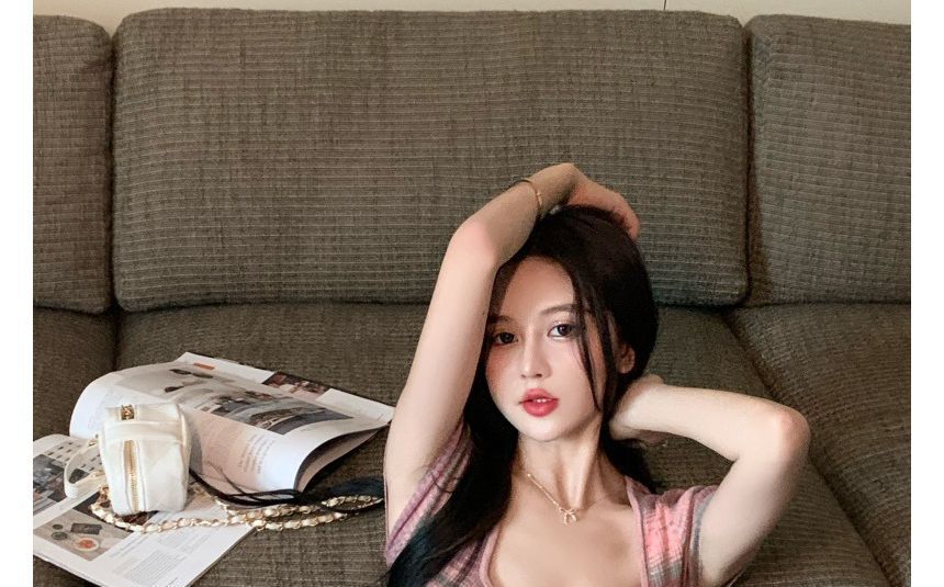 Dress Mini Square-Neck Short-Sleeve Slim-Fit Striped