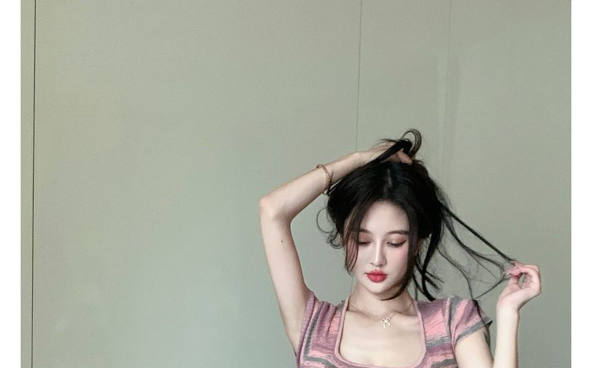 Dress Mini Square-Neck Short-Sleeve Slim-Fit Striped