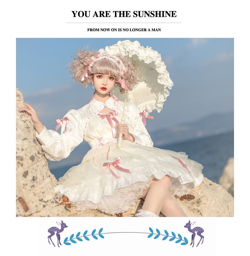 Robe trapèze Lolita bicolore à manches longues et col montant avec nœud