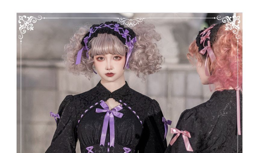 Robe trapèze Lolita bicolore à manches longues et col montant avec nœud