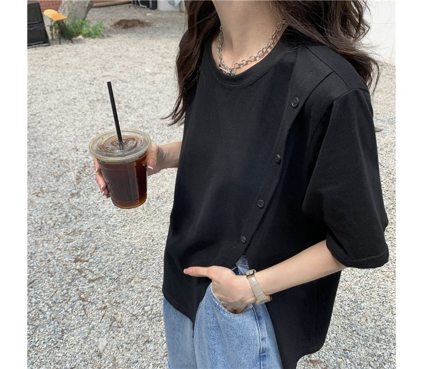 Plain Crew Neck Side-Slit Tee Short-Sleeve