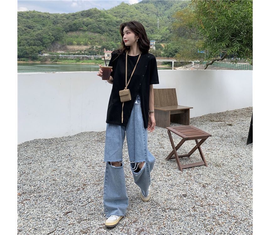 Plain Crew Neck Side-Slit Tee Short-Sleeve