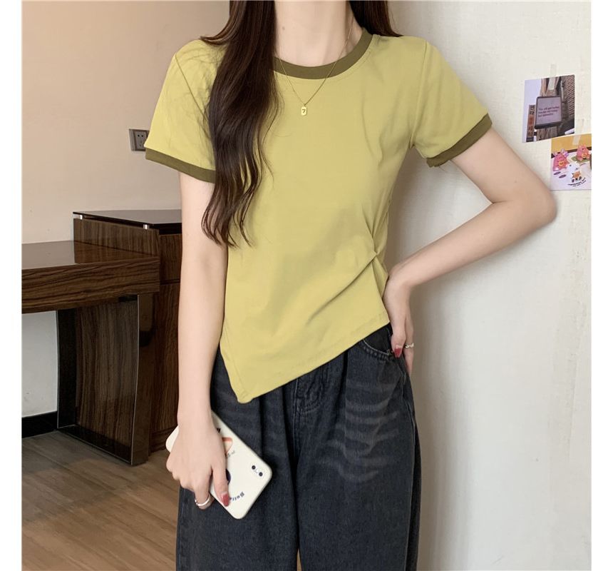 Tee Short-Sleeve Neck Contrast Asymmetrical Crew Plain Trim