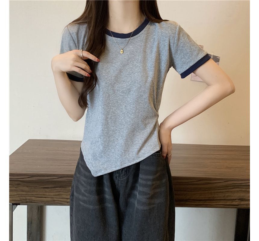 Tee Short-Sleeve Neck Contrast Asymmetrical Crew Plain Trim