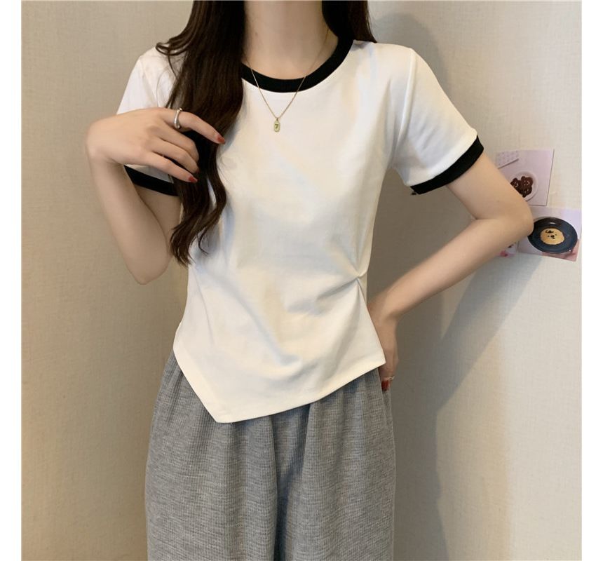 Tee Short-Sleeve Neck Contrast Asymmetrical Crew Plain Trim